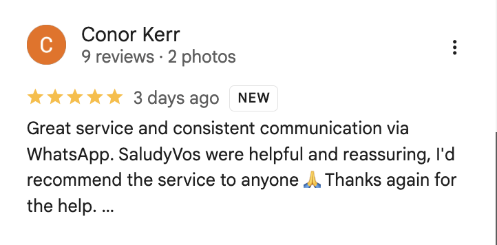 Captura de reseña de Google de un paciente de SaludyVos 7